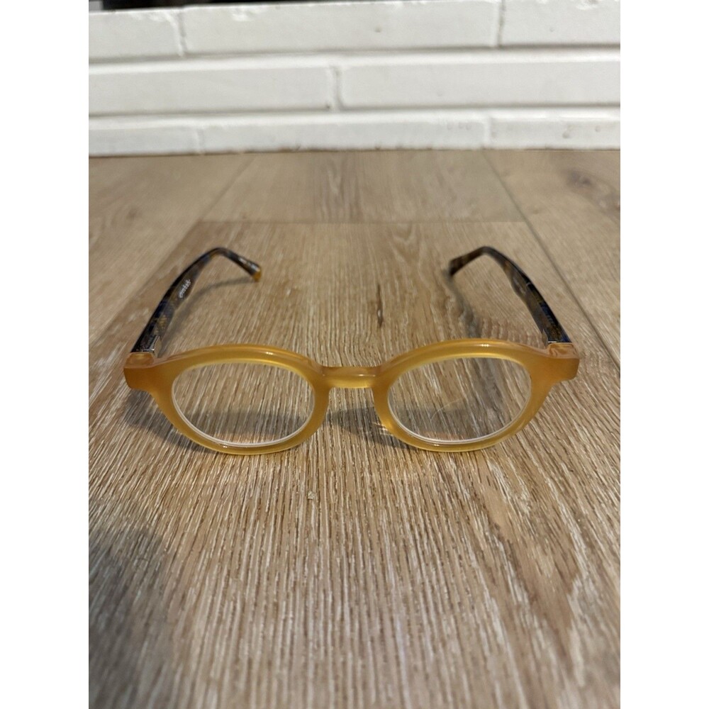 Eyebobs glasses frame TV Party Amber with blue & yellow camo pattern arms